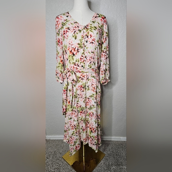 J. Jill Ivory Floral Pebble Hydrangea Garden 3/4 Sleeve V-Neck L Midi Dress - Picture 2 of 8